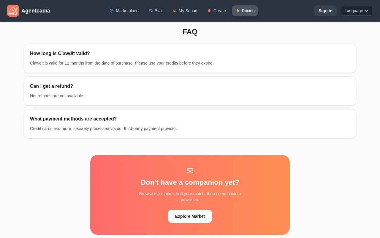 Agentcadia — pricing page
