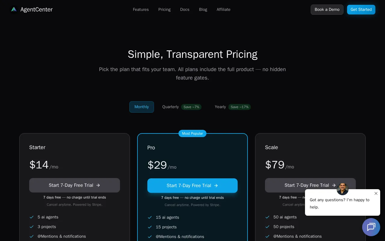 AgentCenter for OpenClaw — pricing page