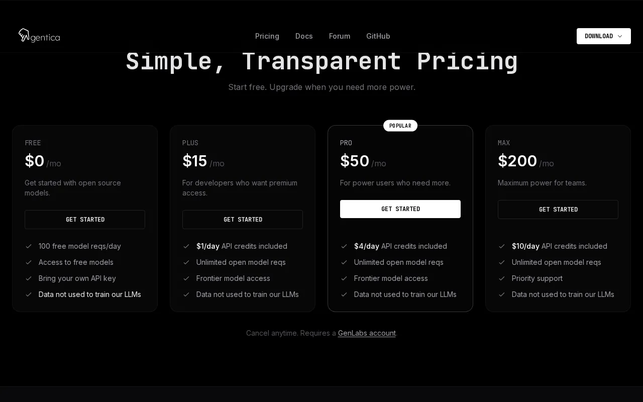 Agentica — pricing page