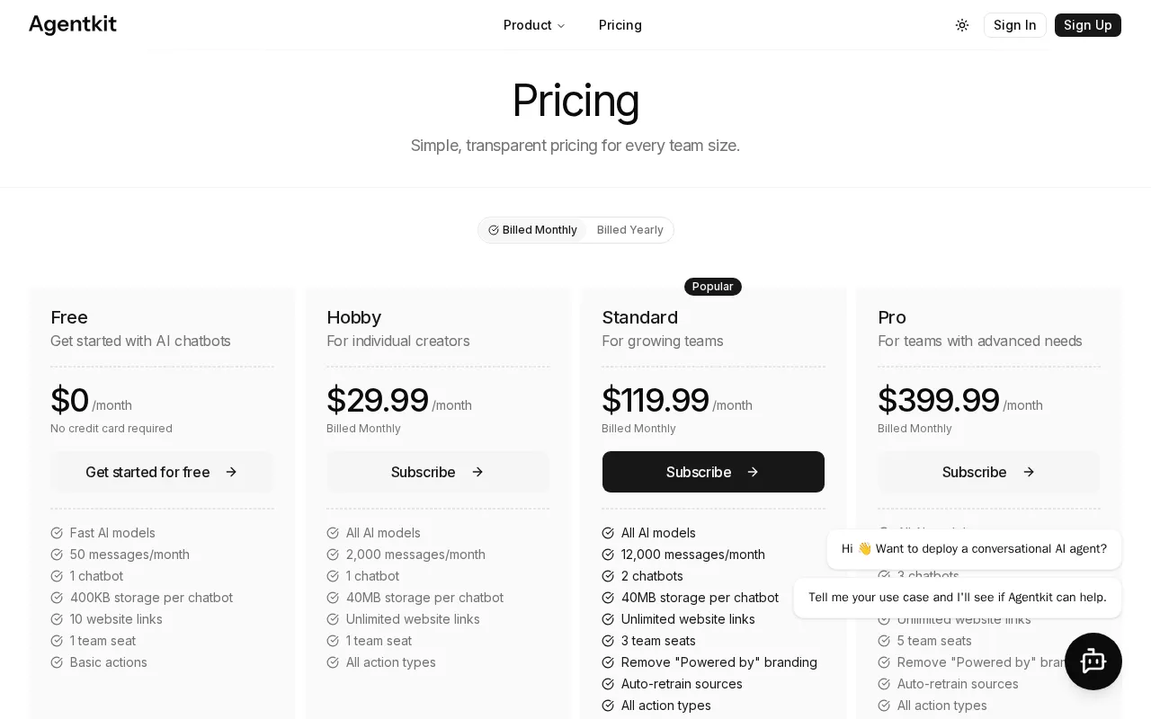 Agentkit AI — pricing page