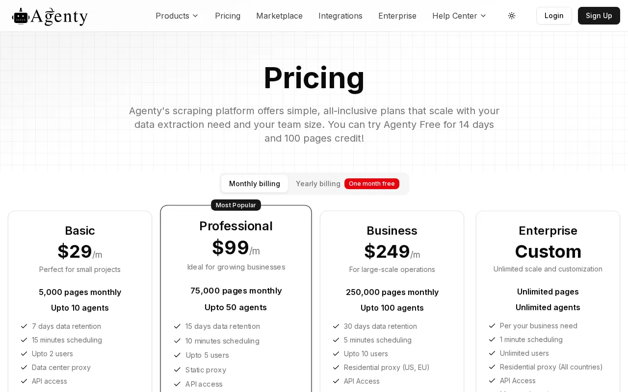 Agenty — pricing page