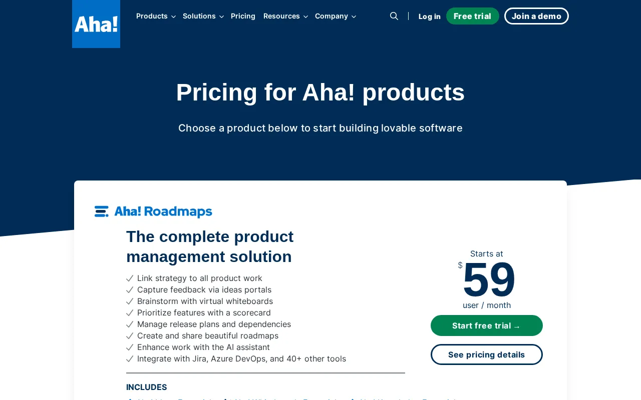 Aha! — pricing page