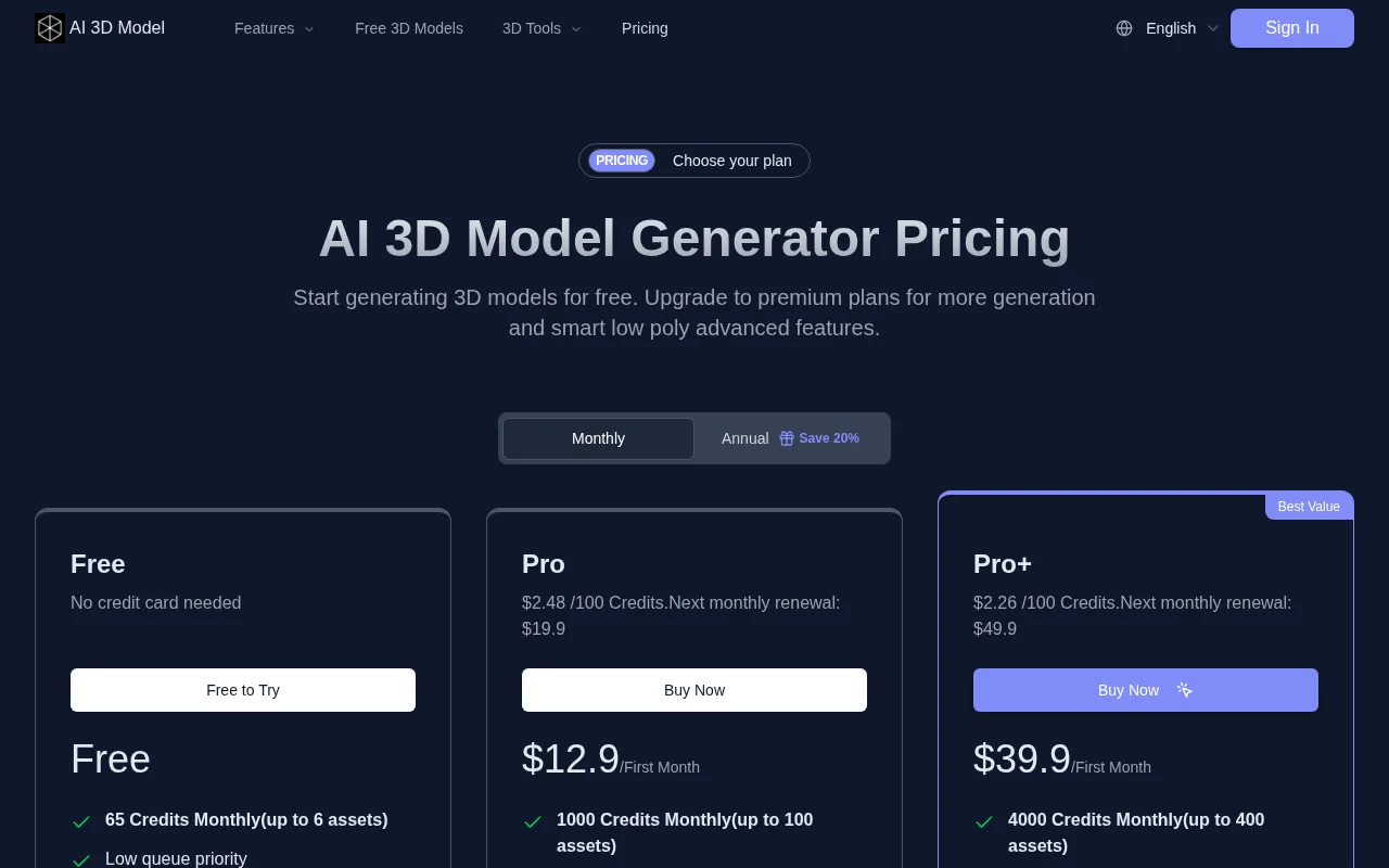 AI 3D Model — pricing page