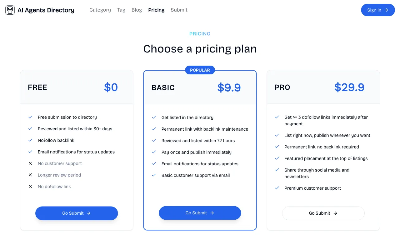 AI Agents Directory — pricing page