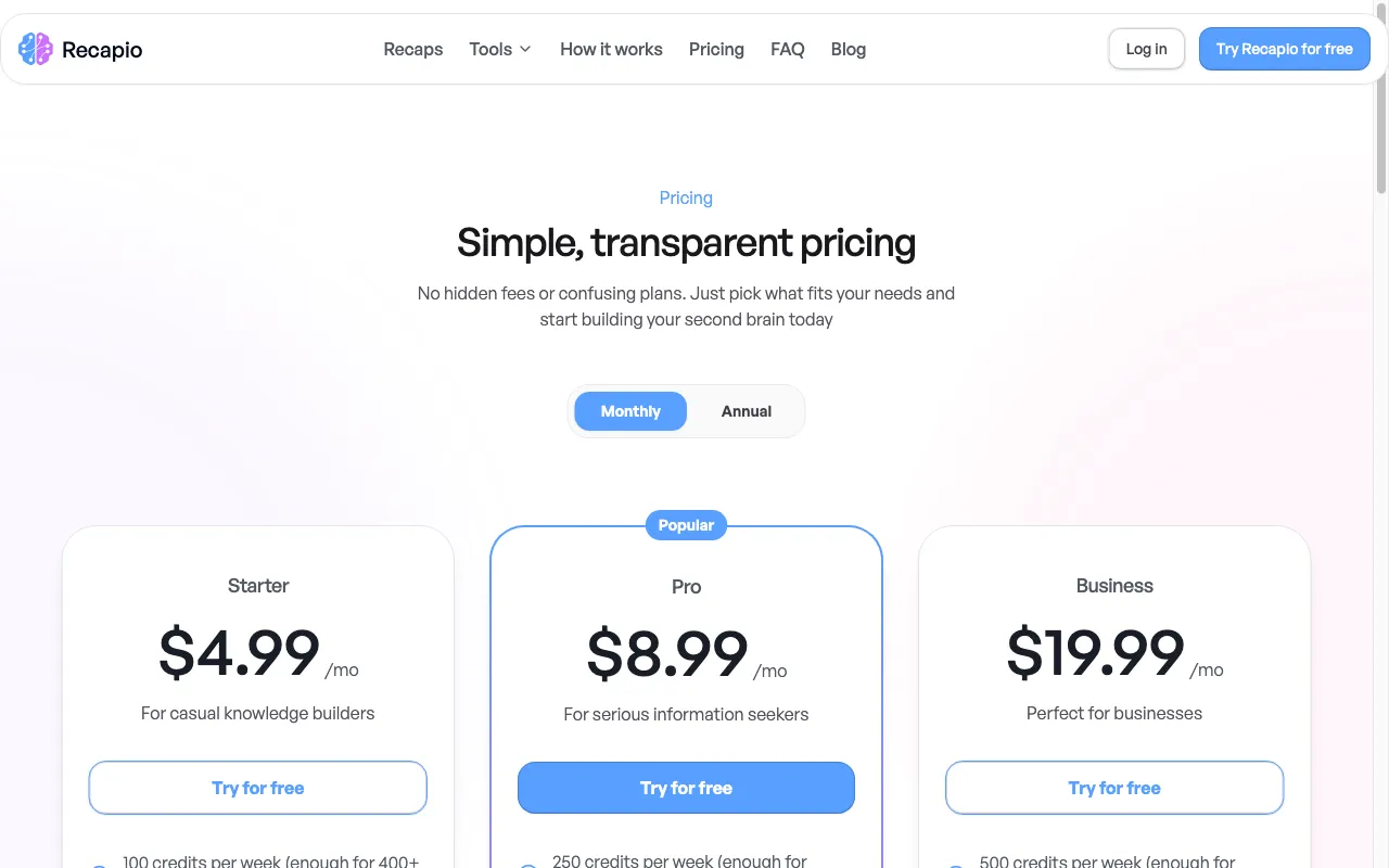 Recapio — pricing page