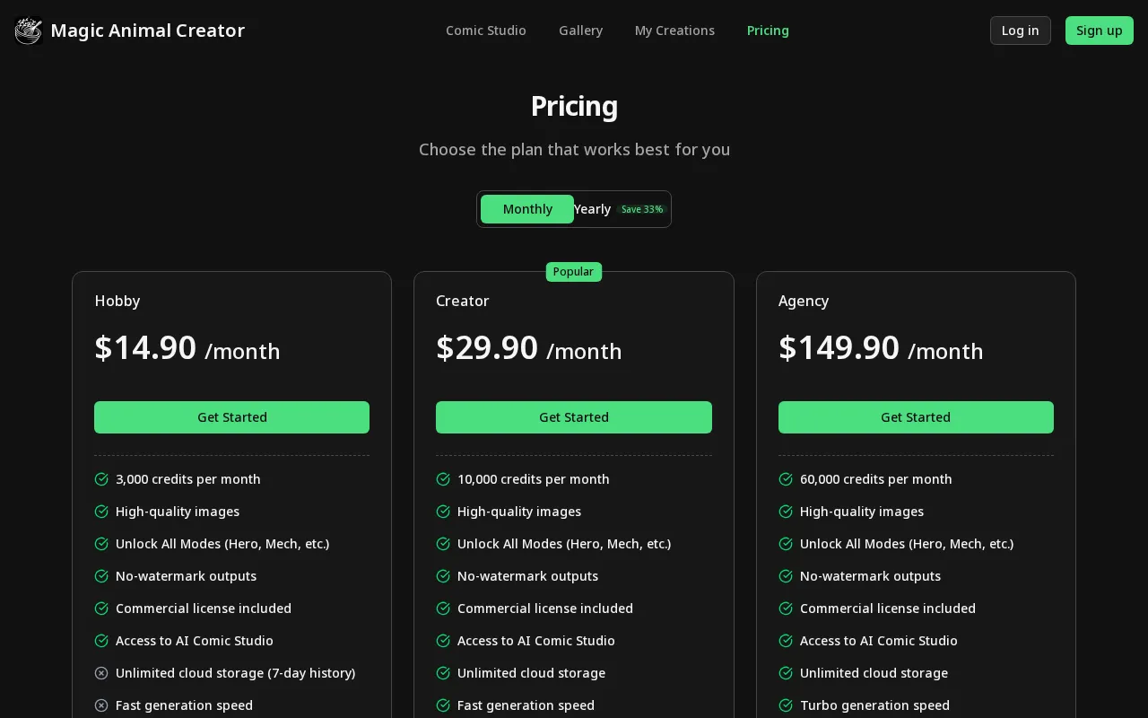 AI Animal Generator — pricing page