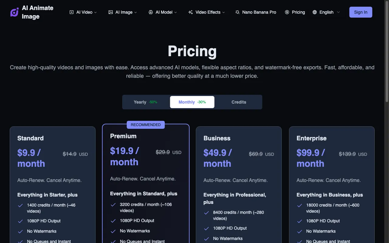 AI Animate Image — pricing page