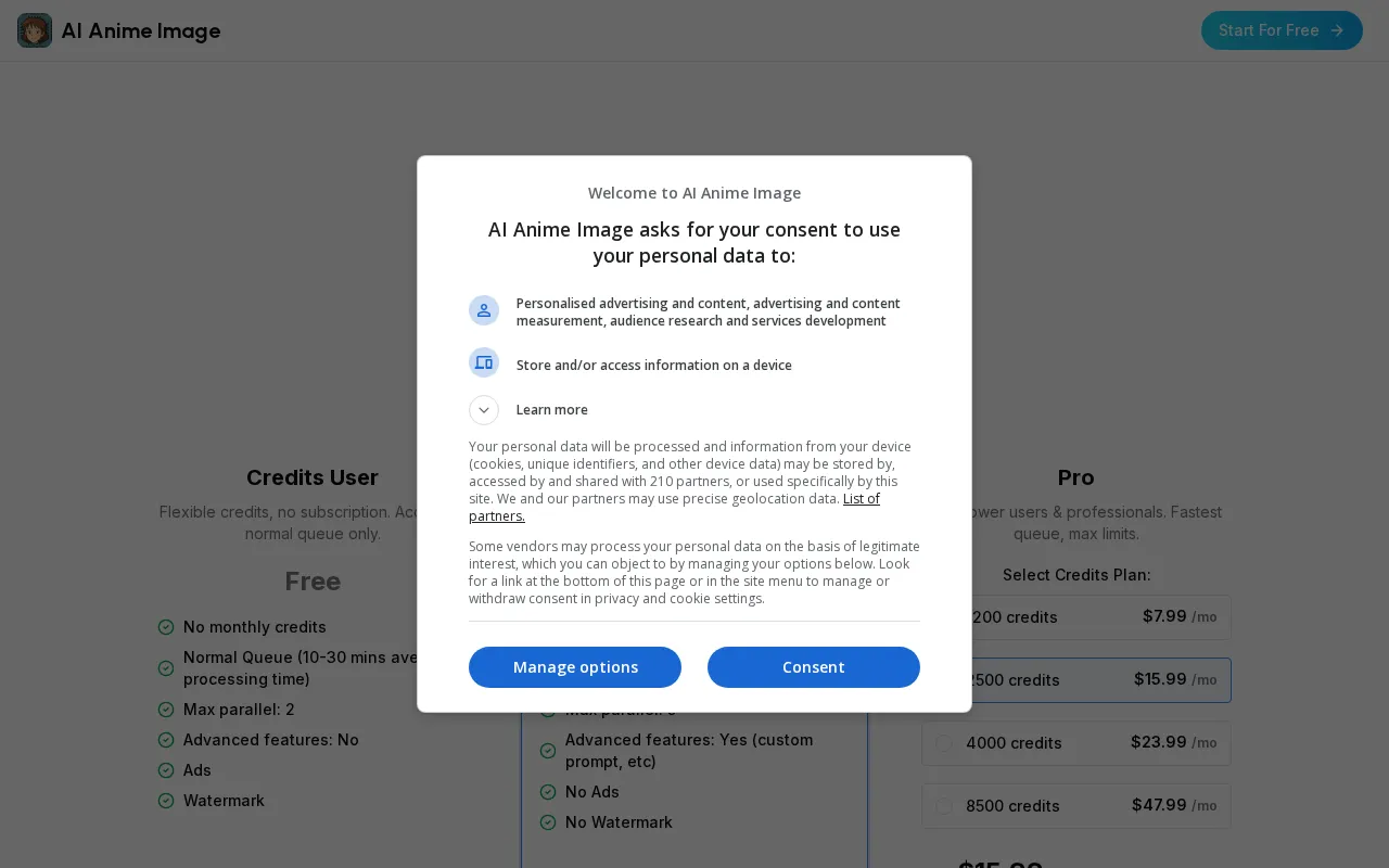 AI Anime Image — pricing page