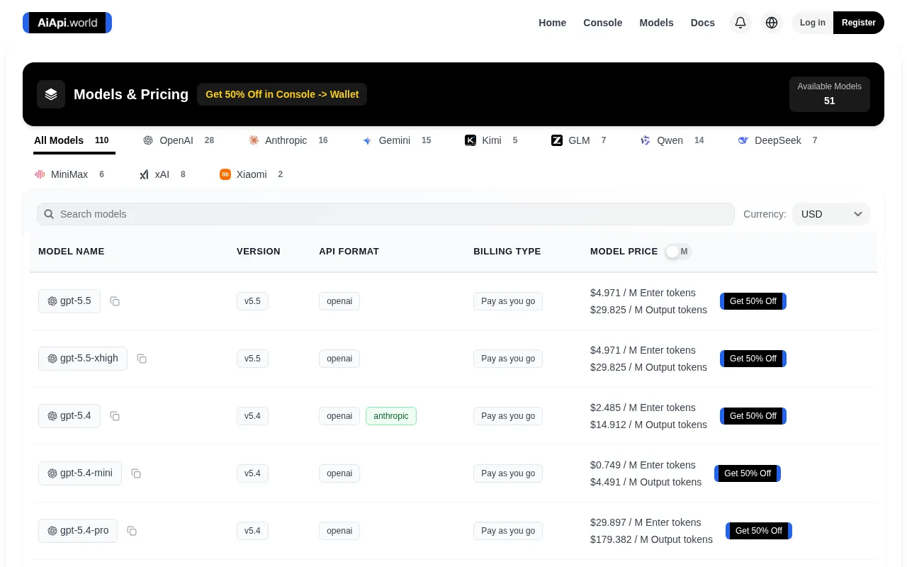 AI API — pricing page