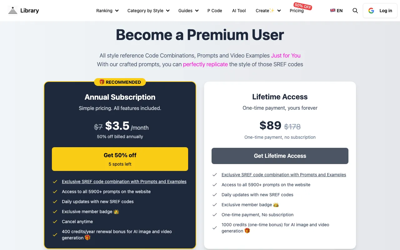 Library — pricing page