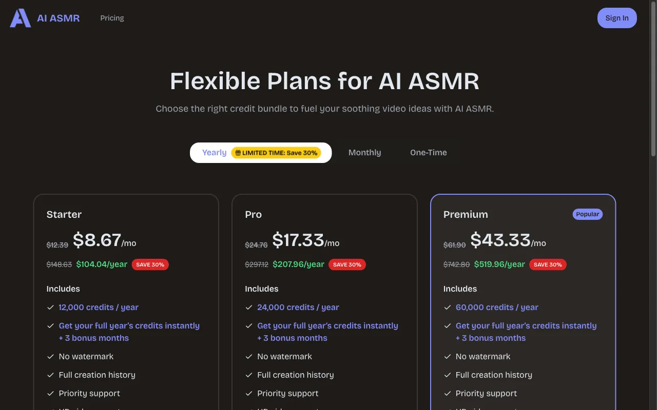 AI ASMR — pricing page