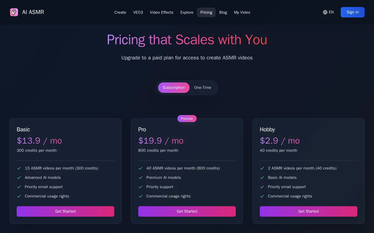 AI ASMR Generator — pricing page