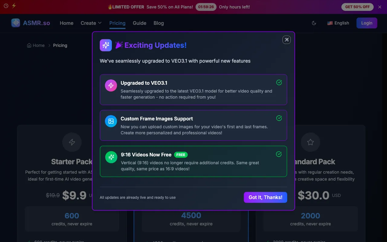 AI ASMR Videos — pricing page