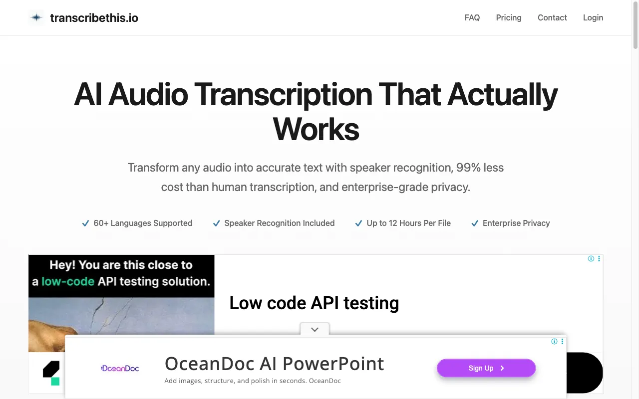 transcribethis.io — pricing page