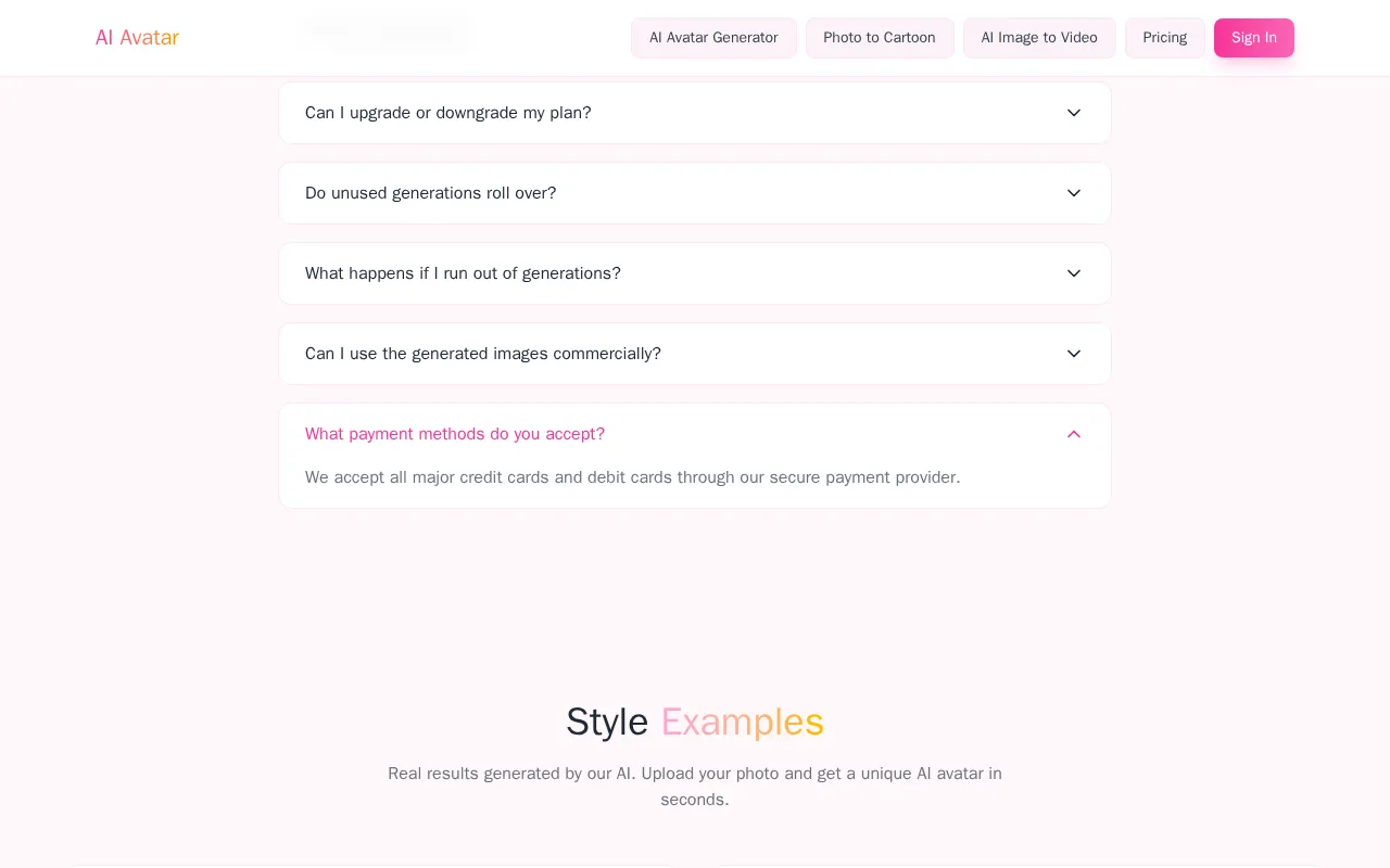 AI Avatar Generator — pricing page