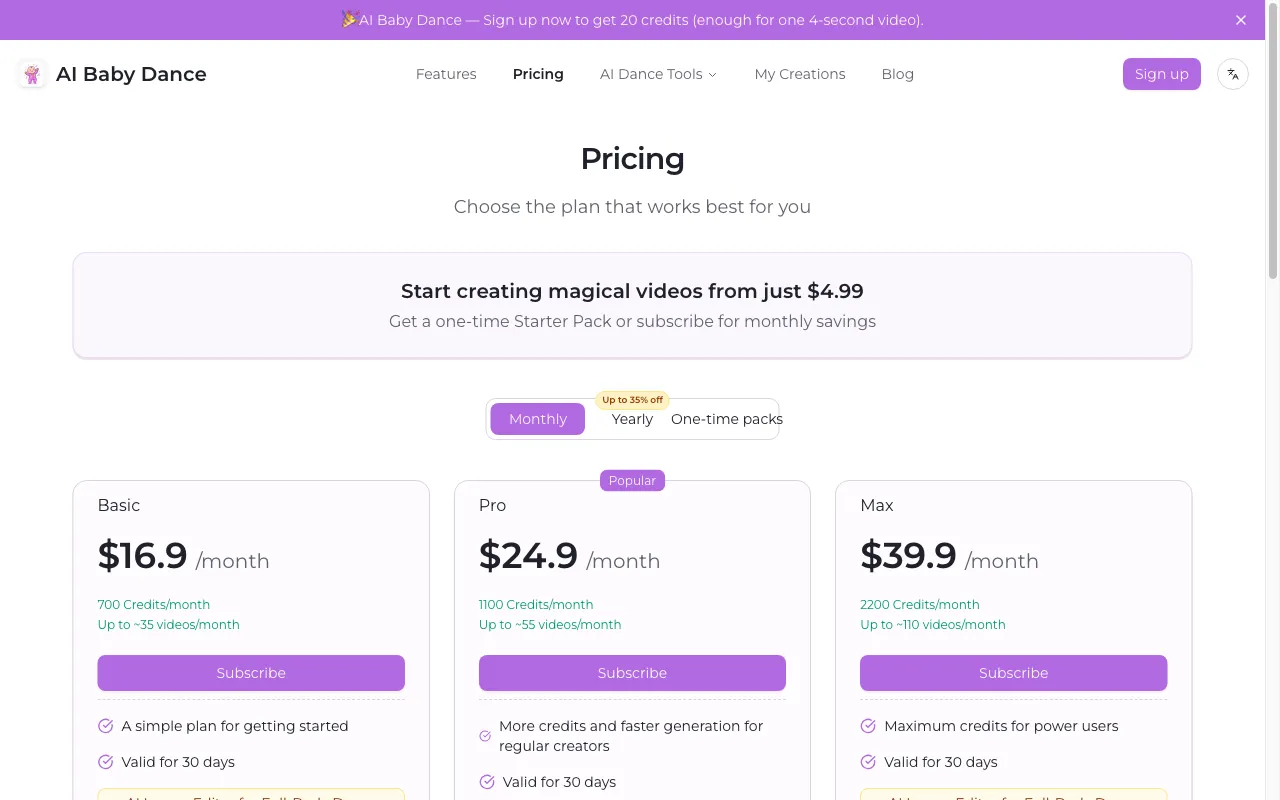 AI Baby Dance — pricing page