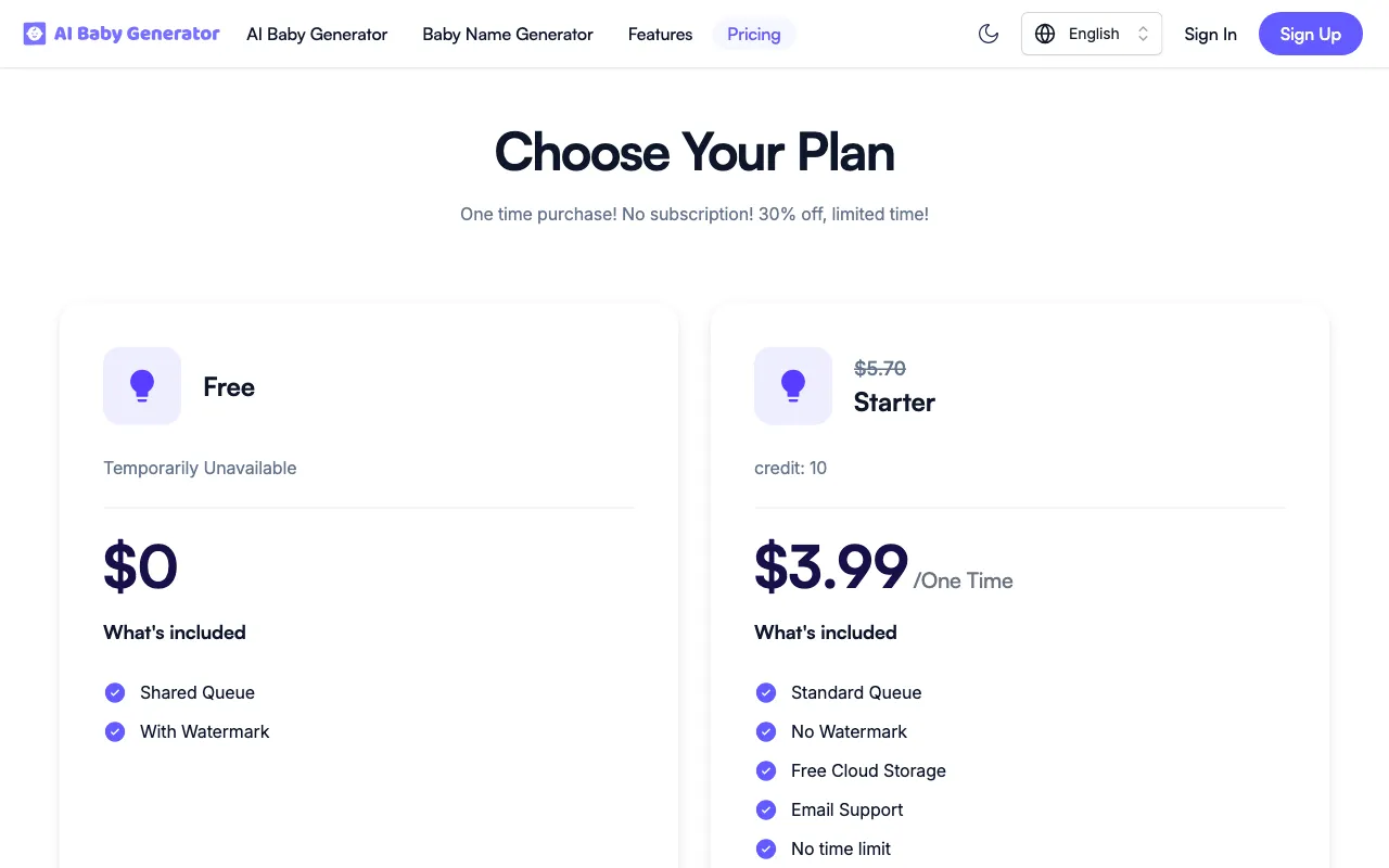 AI Baby Generator Online Free — pricing page