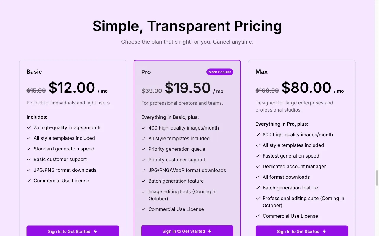 AI Banner Generator — pricing page