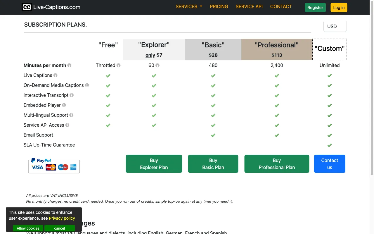 live-captions.com — pricing page