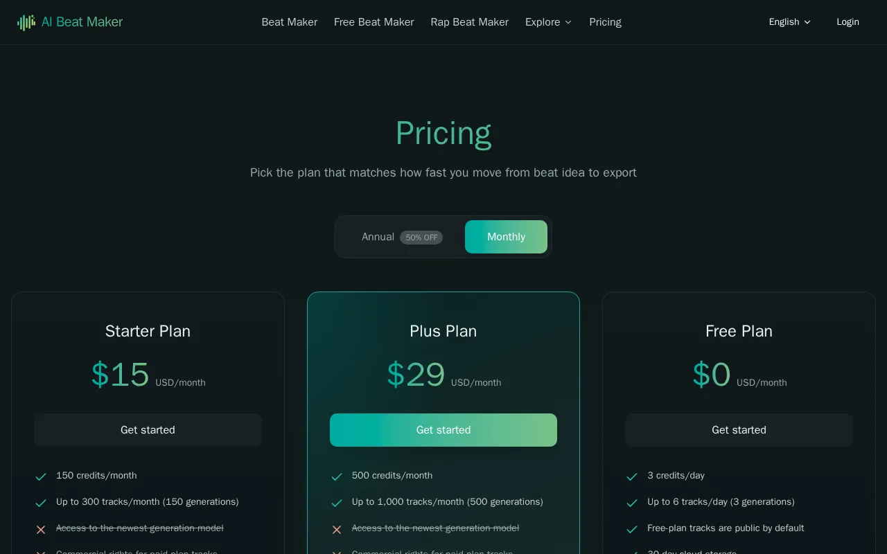 AI Beat Maker.ai — pricing page