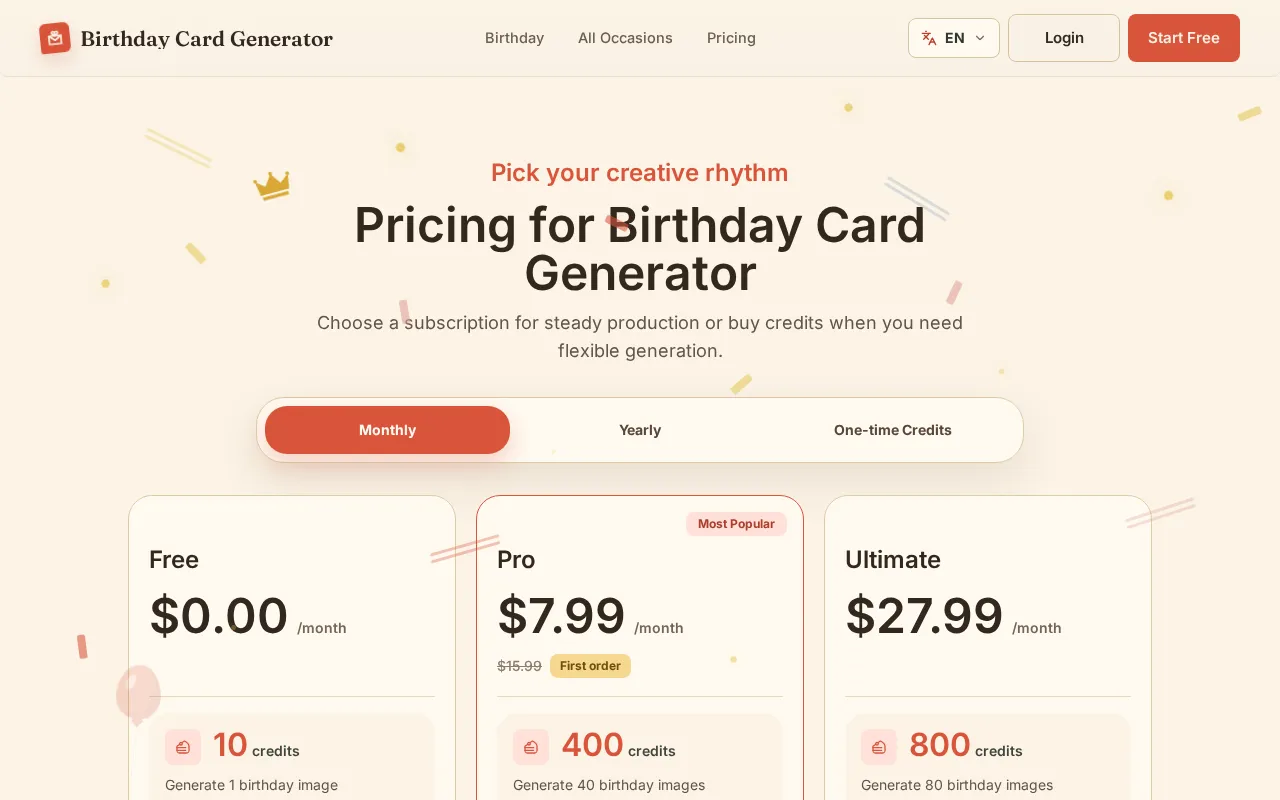 AI Birthday Card Generator — pricing page
