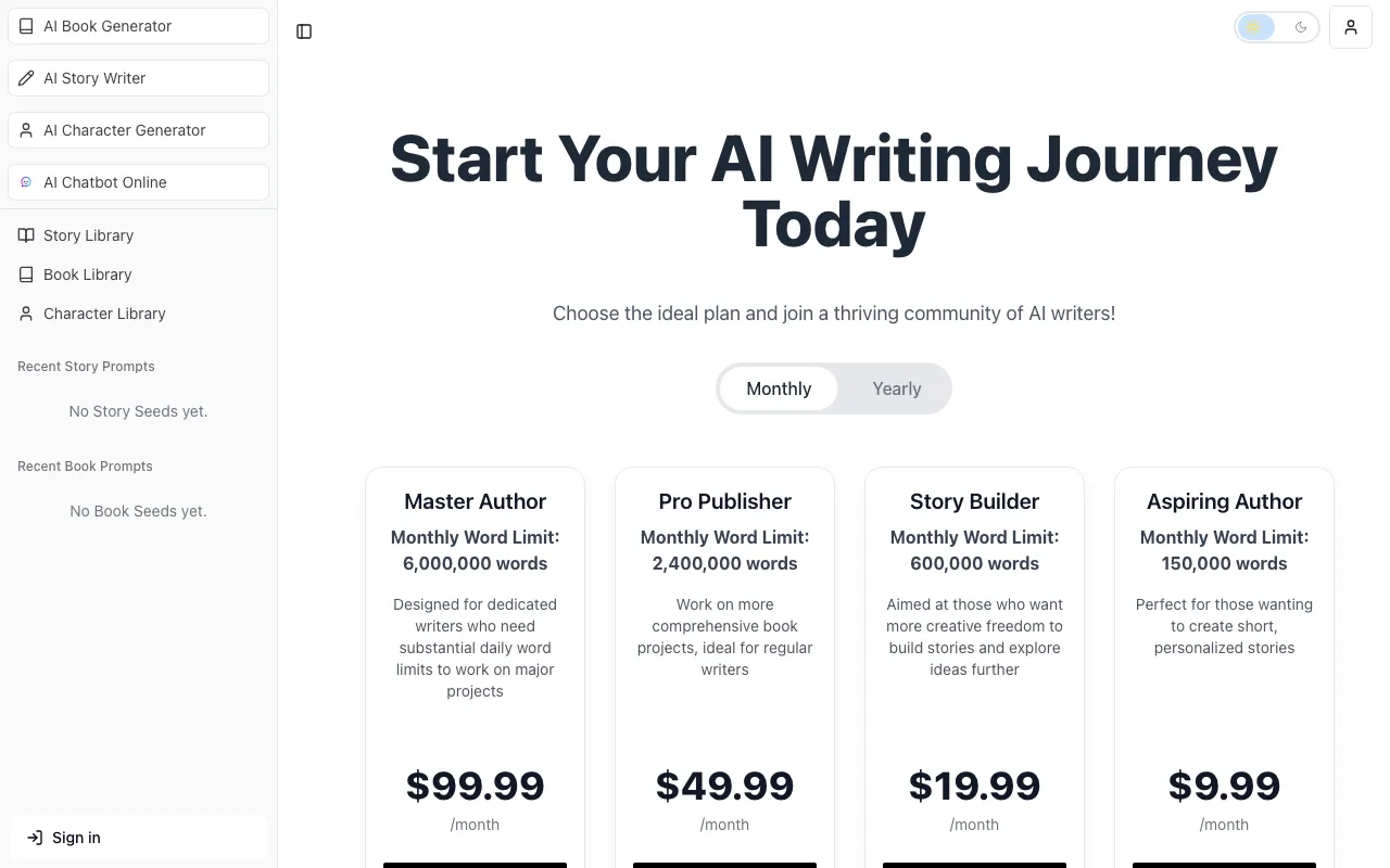 AI Book Generator — pricing page