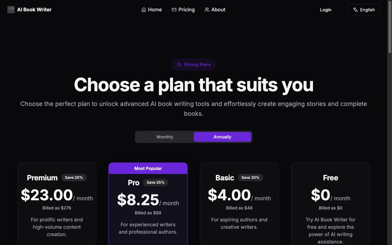 AI Book Writer — pricing page