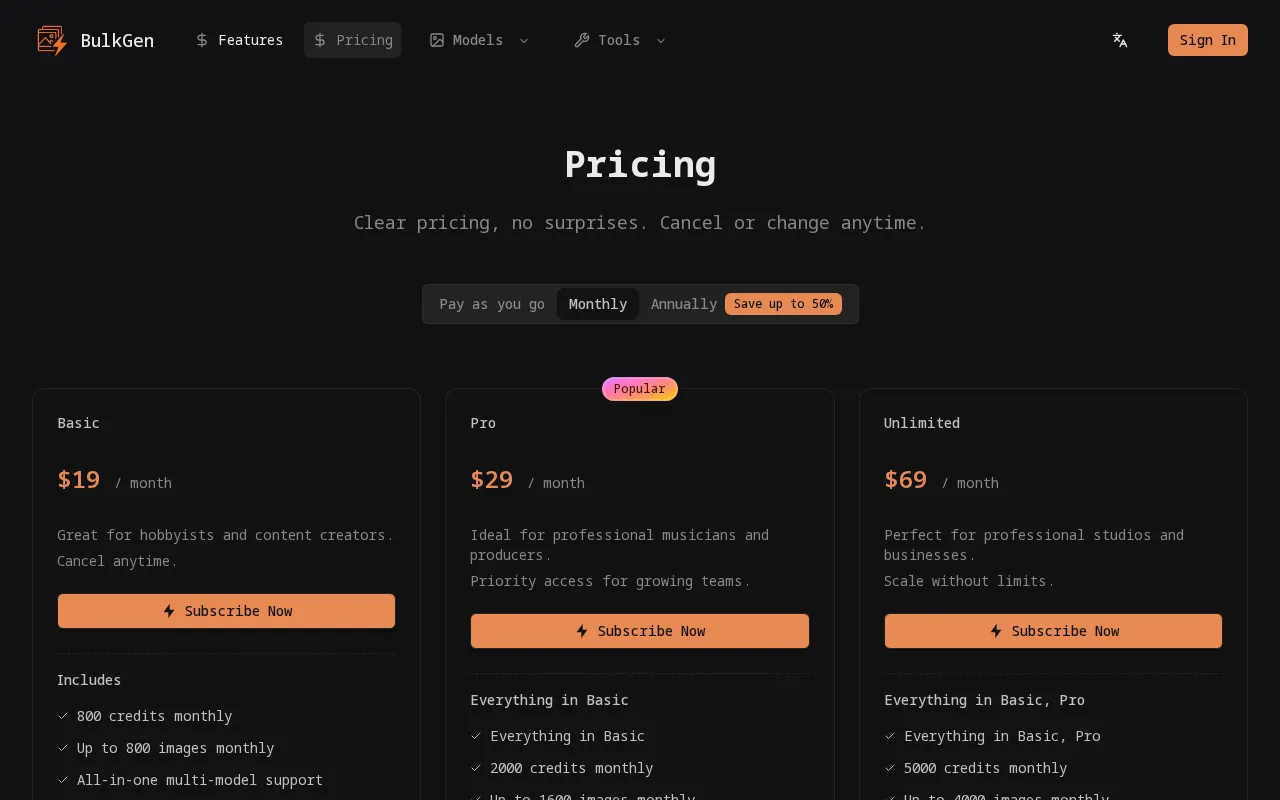 AI Bulk Image Generator — pricing page