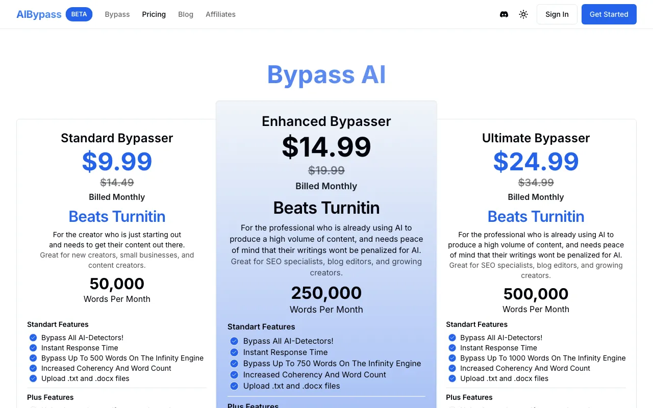 AI Bypass — pricing page