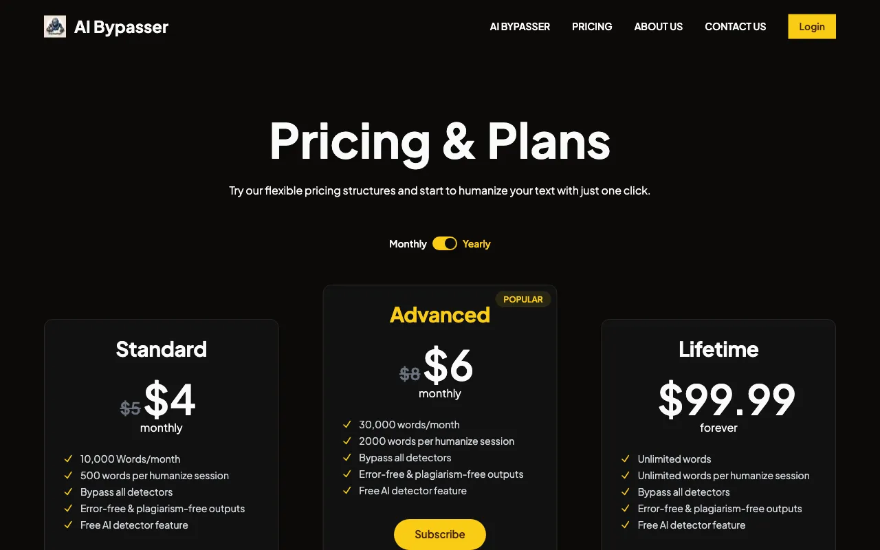 AI Bypasser AI — pricing page