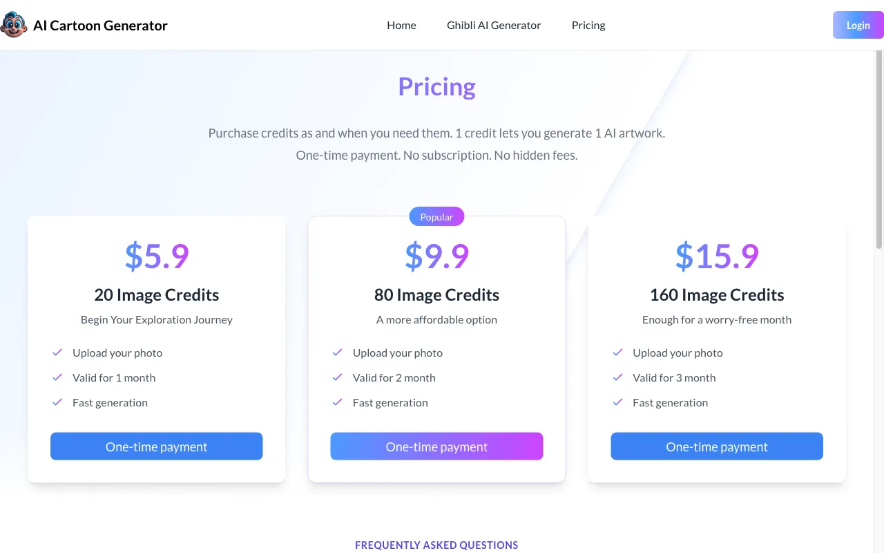 AI Cartoon Generator — pricing page