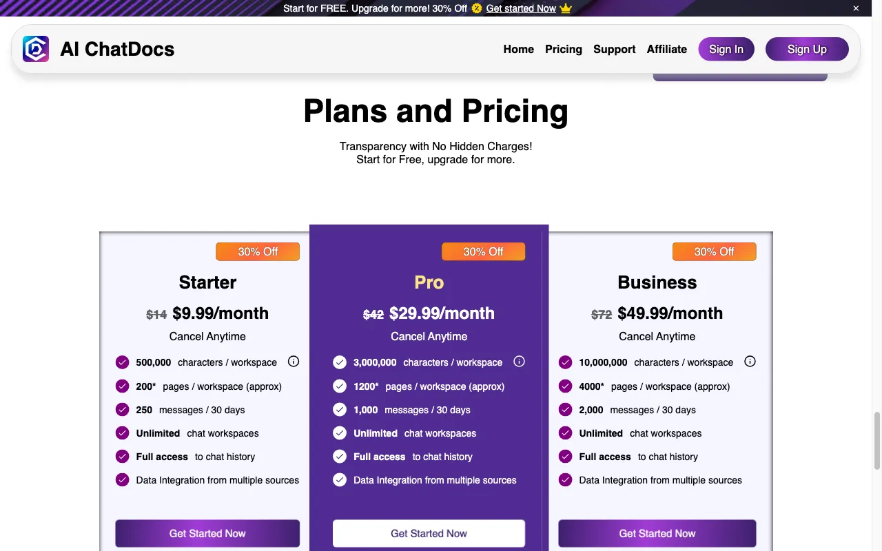 AI ChatDocs — pricing page