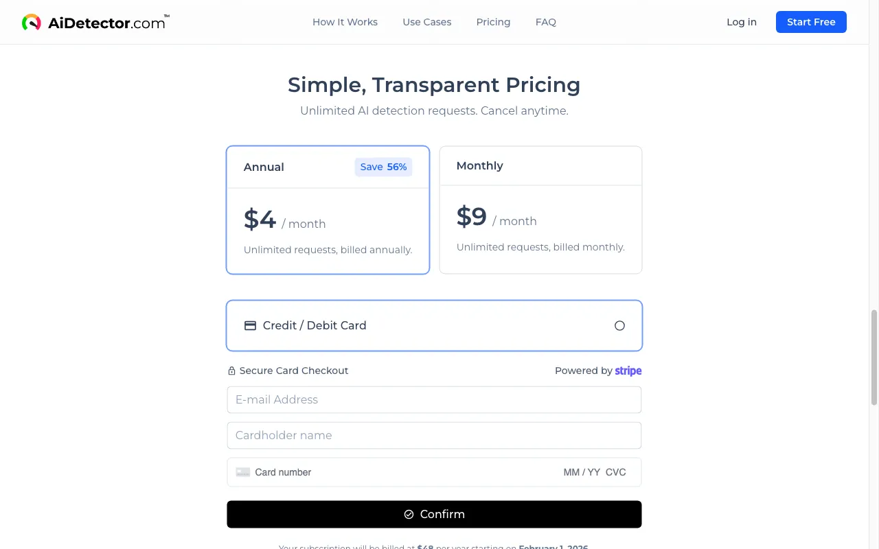 AI Checker Tool — pricing page