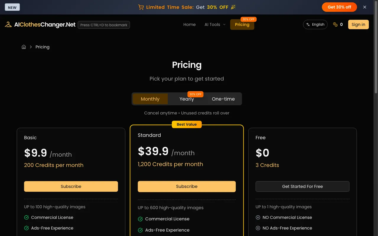 AI Clothes Changer-1 — pricing page