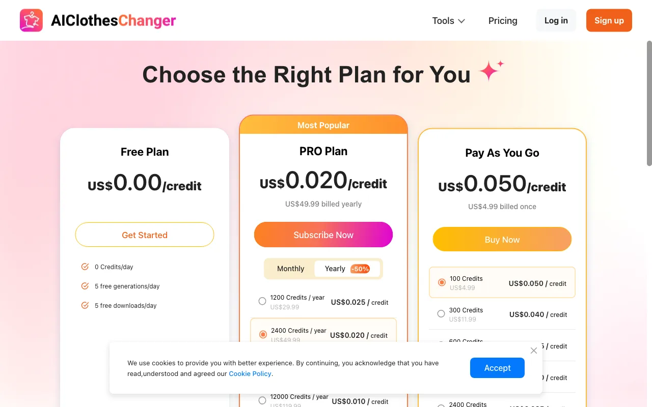 AIClothesChanger — pricing page