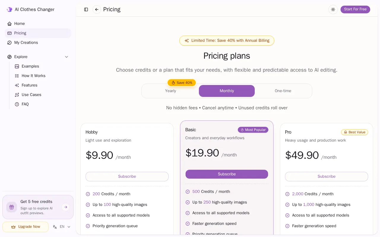 AI Clothes Changer — pricing page