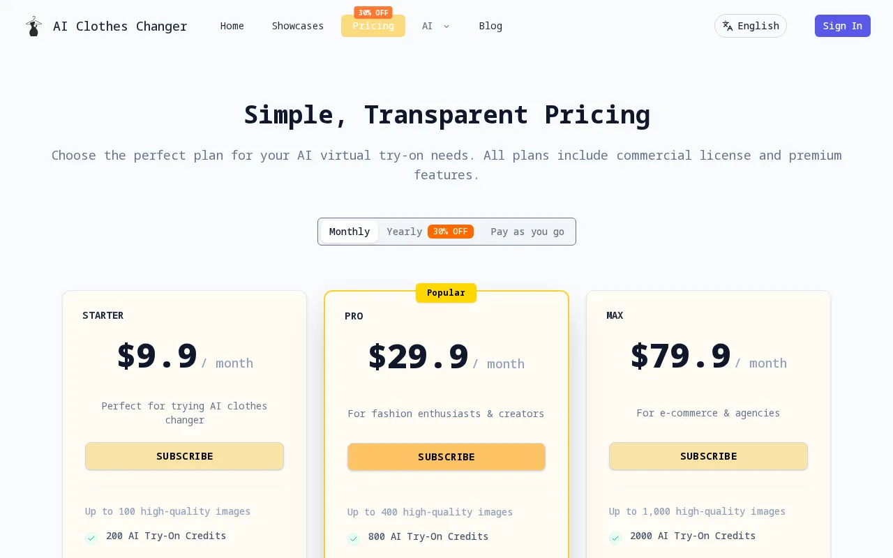 AI Clothes Changer.ai — pricing page