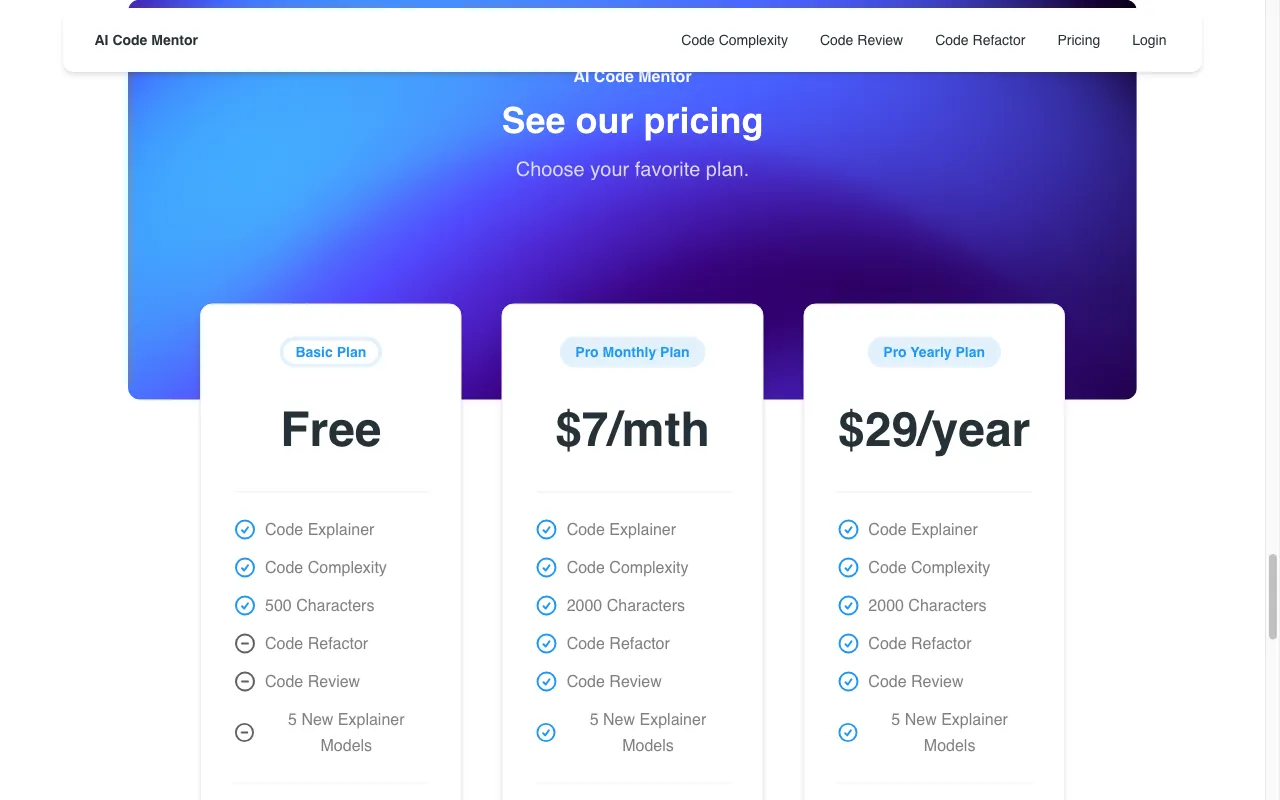 AI Code Mentor — pricing page