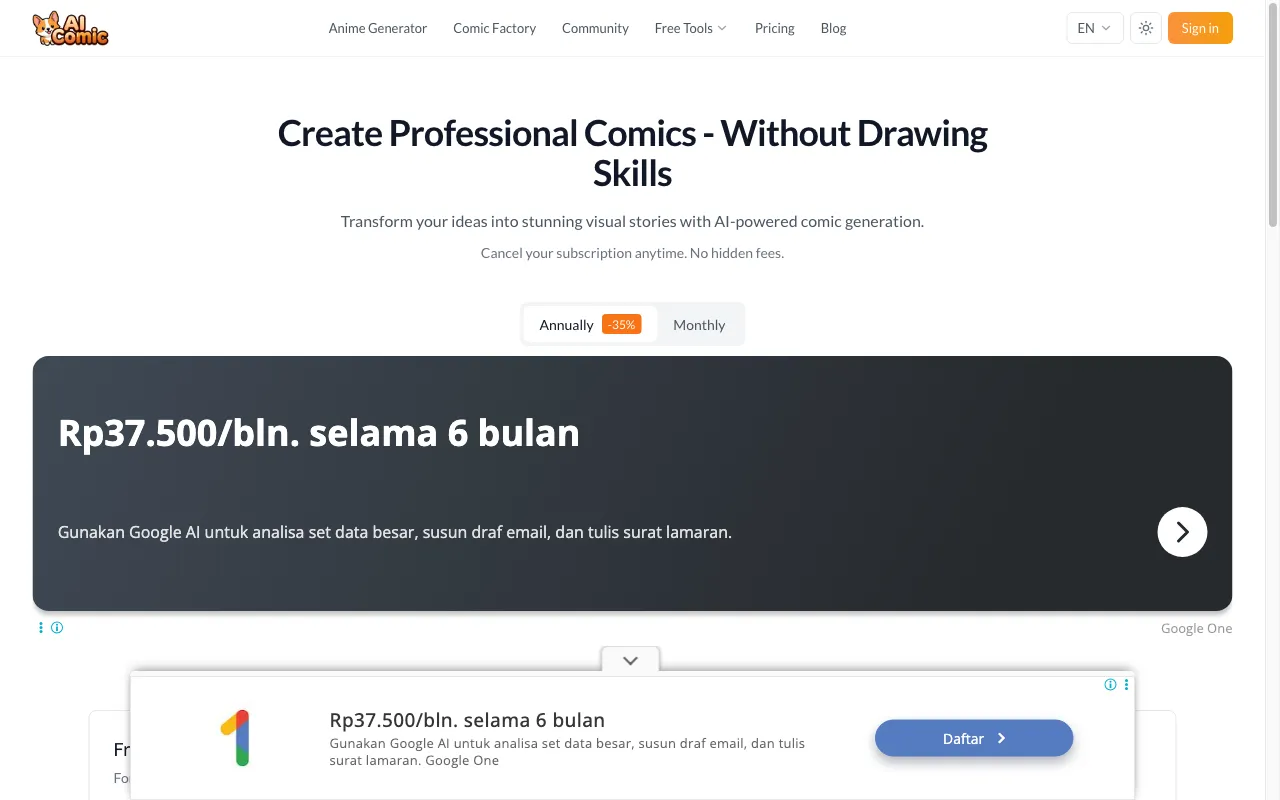 AI Comic Generator — pricing page