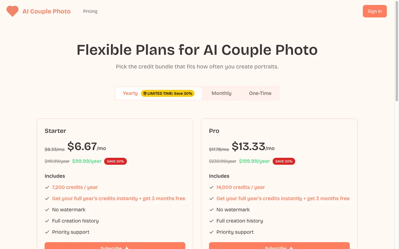 AI Couple Photo — pricing page