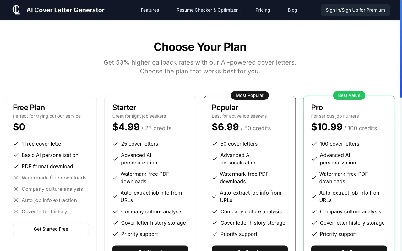 AI Cover Letter Generator — pricing page
