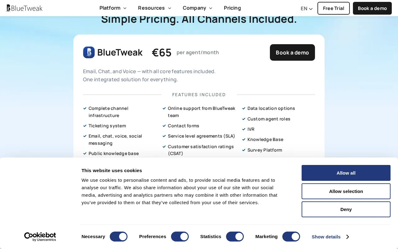 AI Omnichannel Customer Support Platform by BlueTweak — pricing page