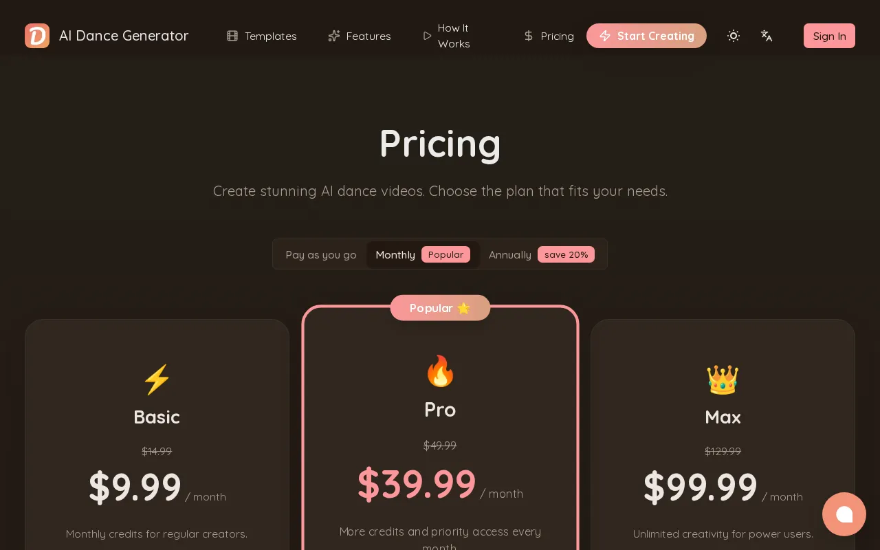AI Dance Generator — pricing page