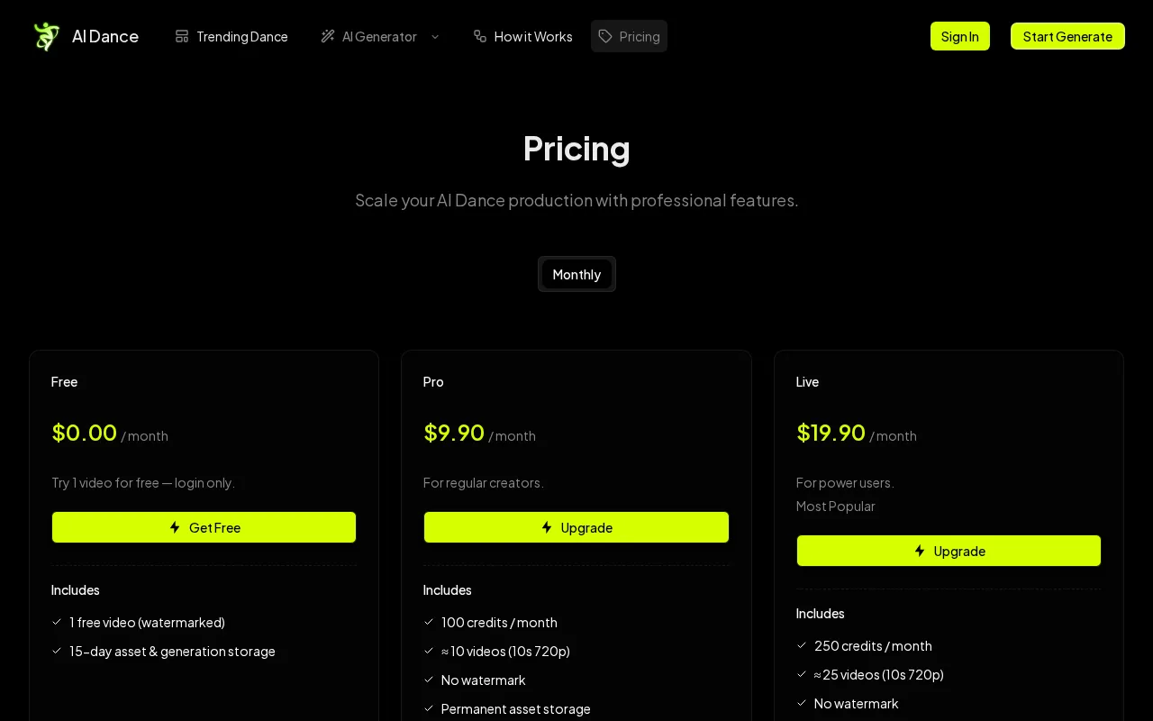 Ai Dance — pricing page