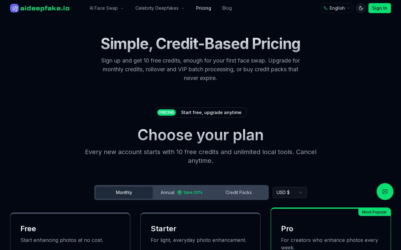 AI Deepfake — pricing page