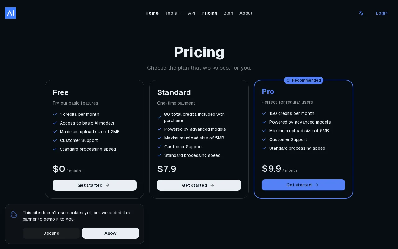 AI Describe Picture — pricing page