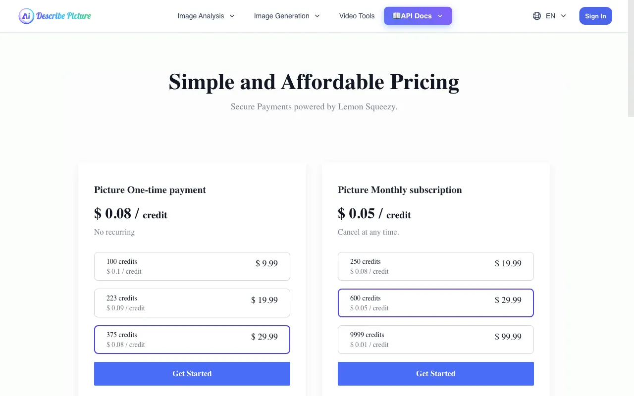 AI Describe Picture — pricing page