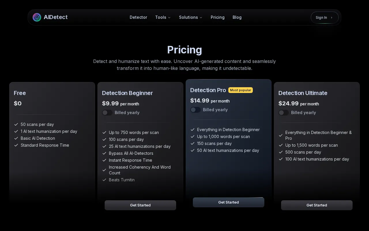 AI Detect — pricing page