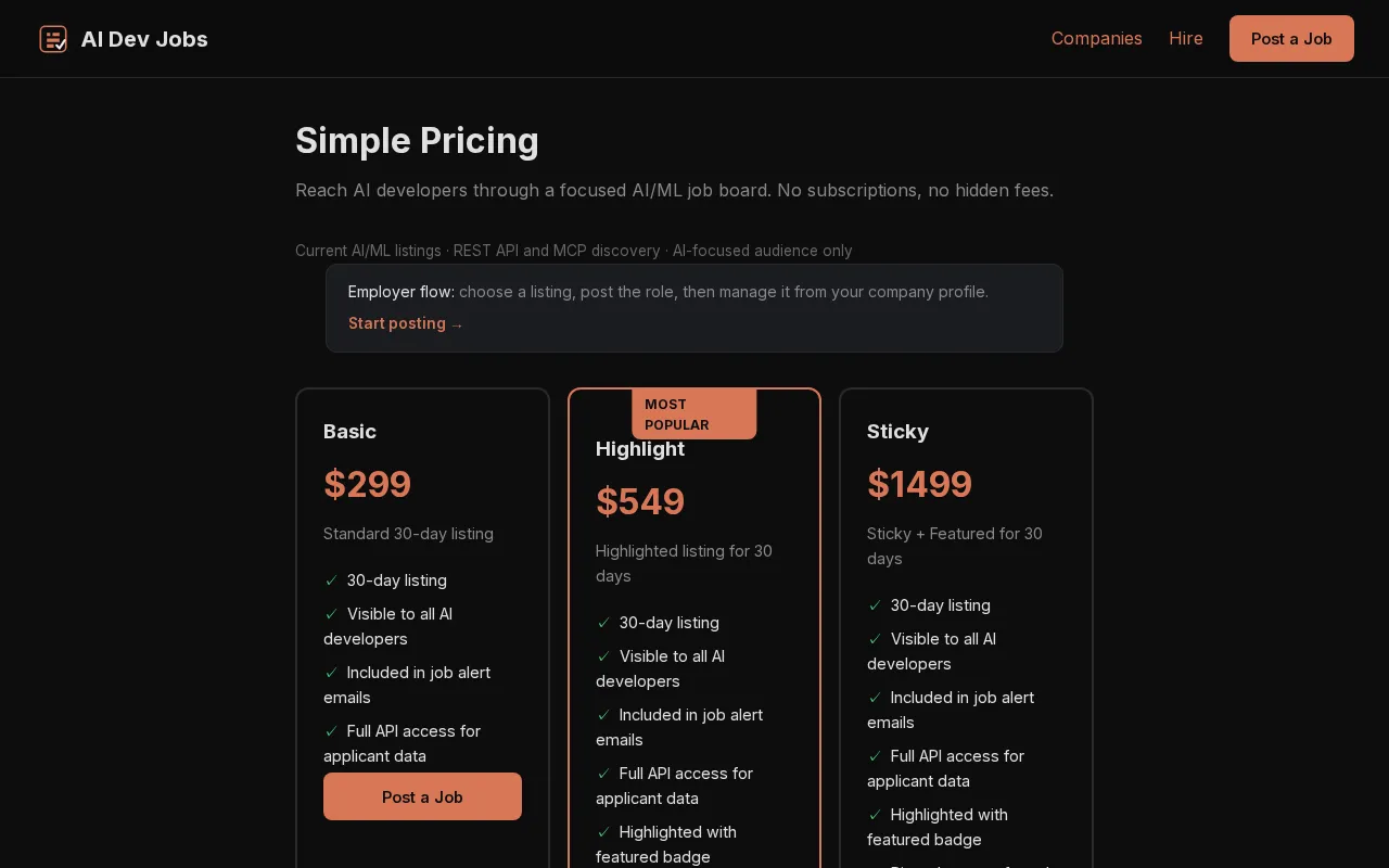 AI Dev Jobs — pricing page
