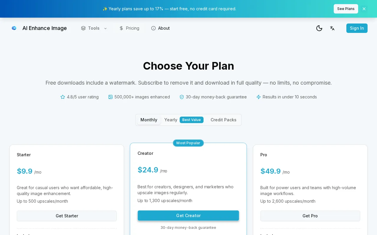 ai enhance image — pricing page